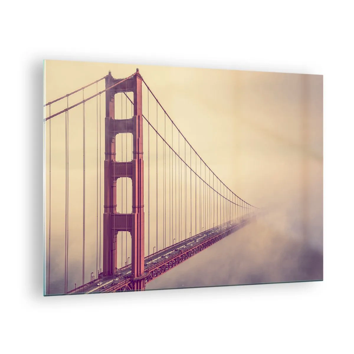 Cuadro sobre vidrio - Impresiones sobre Vidrio - El puente Golden Gate de San Francisco en un paisaje brumoso - 70x50cm - Entre el cielo y la tierra - Decoración de pared moderna para salón y dormitorio ARTTOR