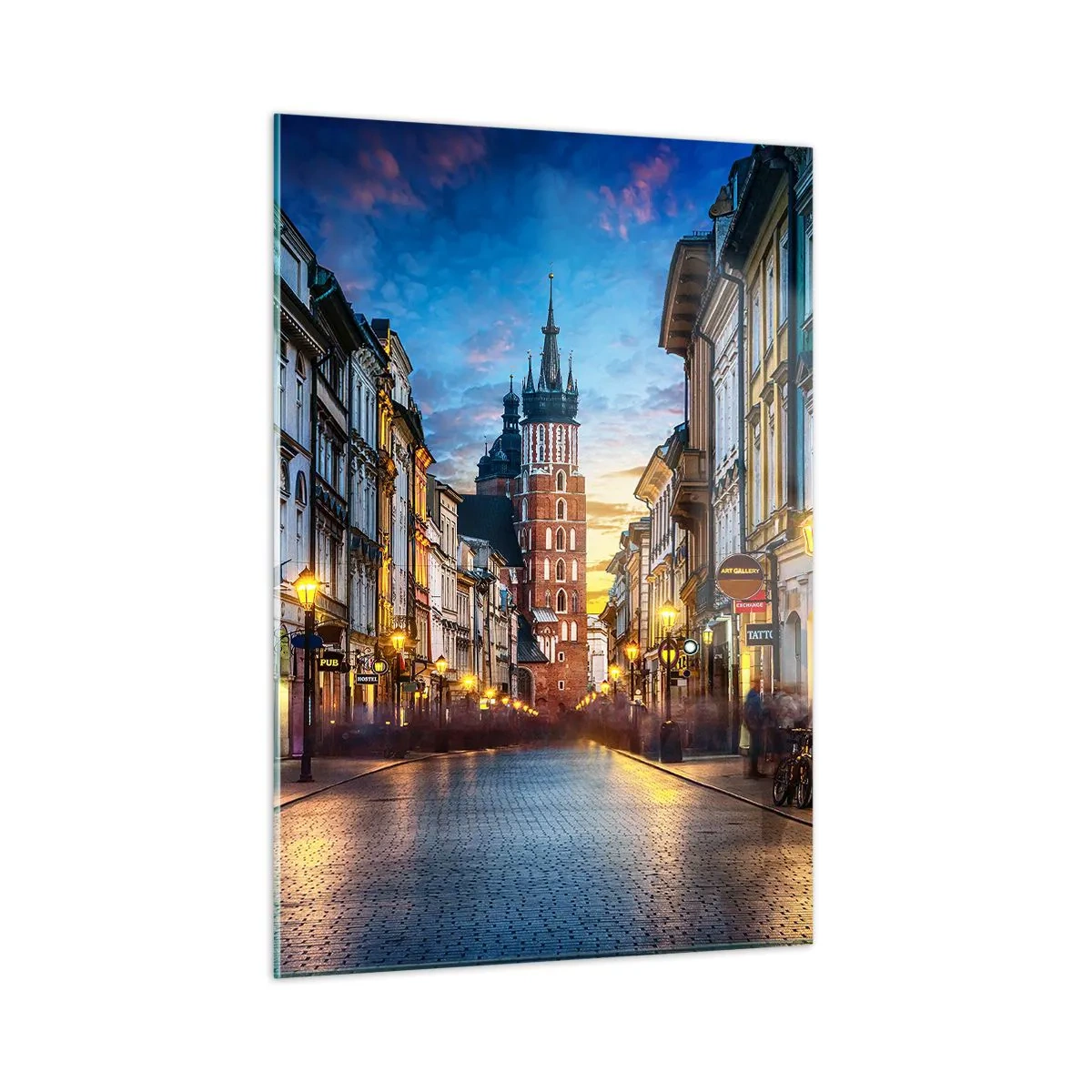 Cuadro sobre vidrio - Impresiones sobre Vidrio - Vista nocturna del casco antiguo con la iglesia al fondo. - 50x70cm - El encanto de Cracovia - Decoración de pared moderna para salón y dormitorio ARTTOR