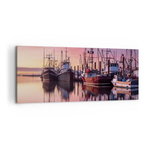 Cuadro sobre lienzo - Impresión de Imagen - Barcos de pesca en el puerto al atardecer - 120x50cm - Descanso antes de partir - Decoración de pared moderna para salón y dormitorio ARTTOR