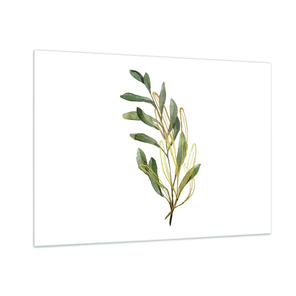 Cuadro sobre vidrio - Impresiones sobre Vidrio - Una rama verde con un delicado acento dorado. - 100x70cm - La vida se abre camino - Decoración de pared moderna para salón y dormitorio ARTTOR
