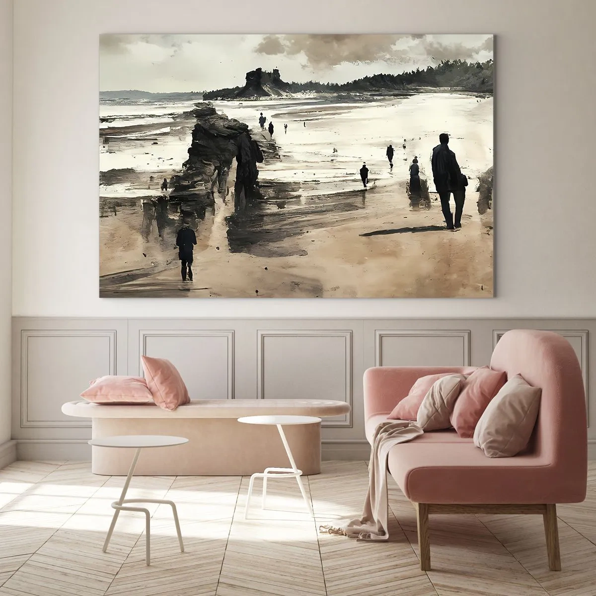 Cuadro sobre vidrio - Impresiones sobre Vidrio - Siluetas caminando por una amplia playa bajo un cielo nublado - 70x50cm - Un sueño evocado - Decoración de pared moderna para salón y dormitorio ARTTOR