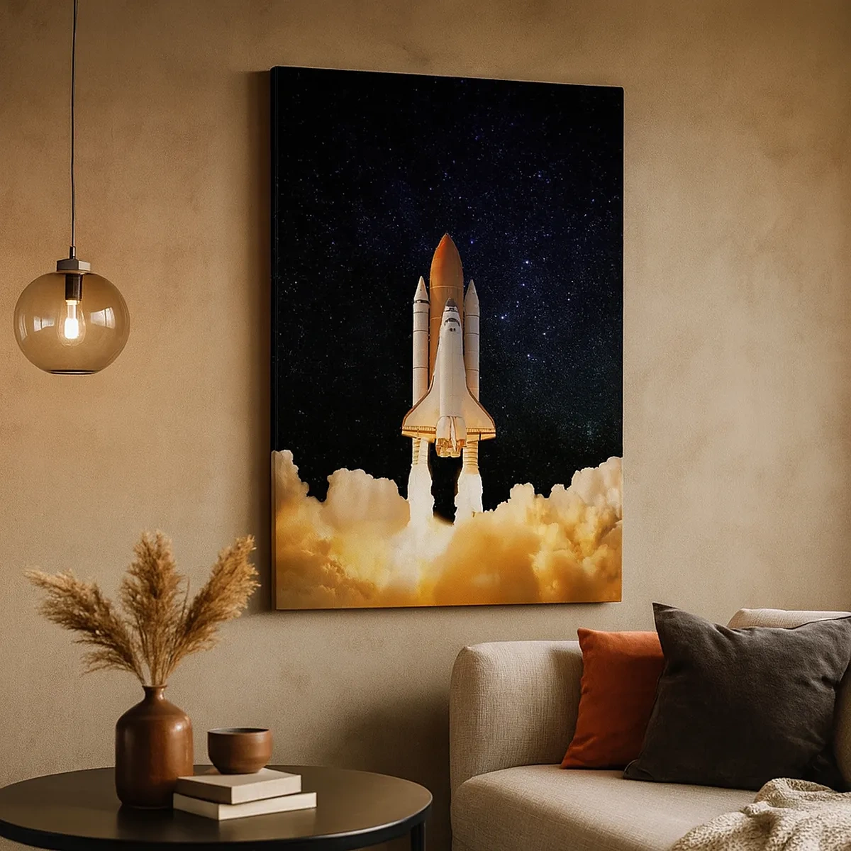Cuadro sobre lienzo - Impresión de Imagen - Un cohete espacial despegando contra el cielo estrellado. - 50x70cm - ¡Ad astra! - Decoración de pared moderna para salón y dormitorio ARTTOR