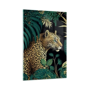 Cuadro sobre vidrio - Impresiones sobre Vidrio - Leopardo en hojas tropicales sobre un fondo negro - 80x120cm - El anfitrión en la jungla - Decoración de pared moderna para salón y dormitorio ARTTOR