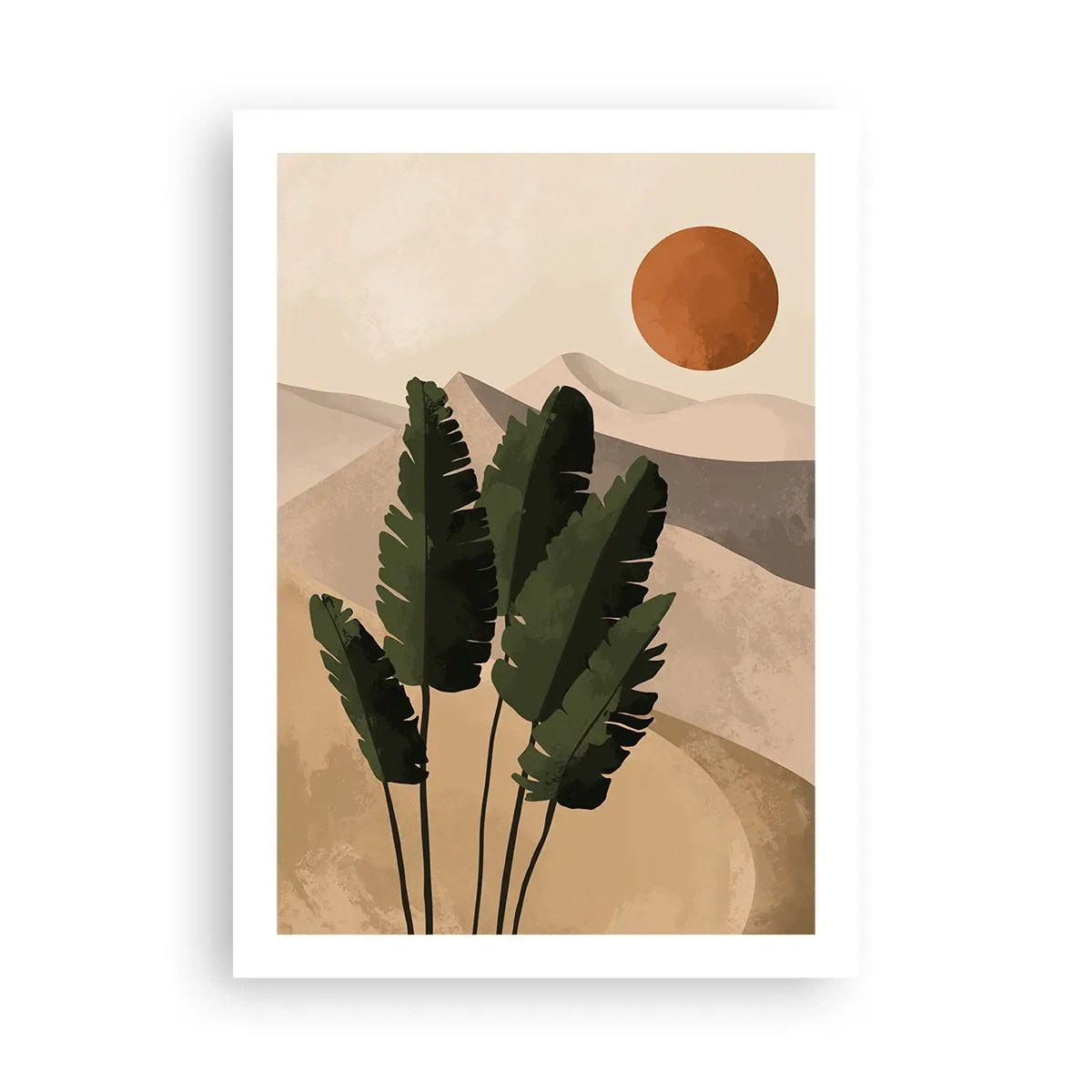 Póster - Plantas en un entorno desértico con la puesta de sol, paisaje abstracto - 50x70cm - El triunfo de la vida - Decoración de pared moderna para salón y dormitorio ARTTOR