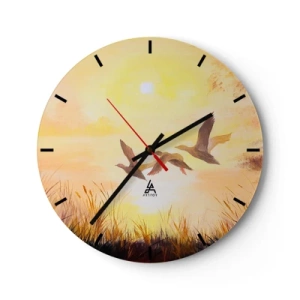 Reloj de pared - Reloj de vidrio - Patos volando con el sol poniente y la hierba como telón de fondo - 30x30cm - El comienzo de un largo viaje - Decoración de pared moderna para salón, cocina y dormitorio ARTTOR