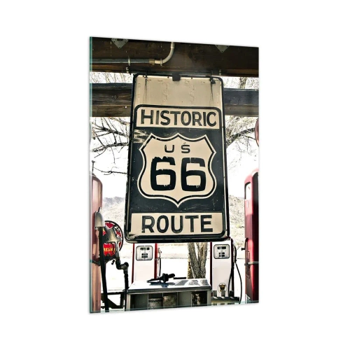 Cuadro sobre vidrio - Impresiones sobre Vidrio - Gasolinera histórica de la Ruta 66 - 80x120cm - Un viaje retro americano - Decoración de pared moderna para salón y dormitorio ARTTOR