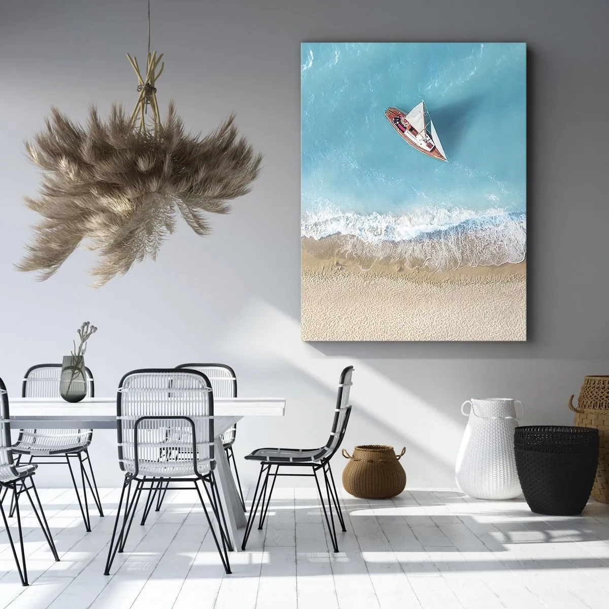 Cuadro sobre lienzo - Impresión de Imagen - Una vista de pájaro de un barco en la playa. - 50x70cm - Frontera celeste y dorada - Decoración de pared moderna para salón y dormitorio ARTTOR