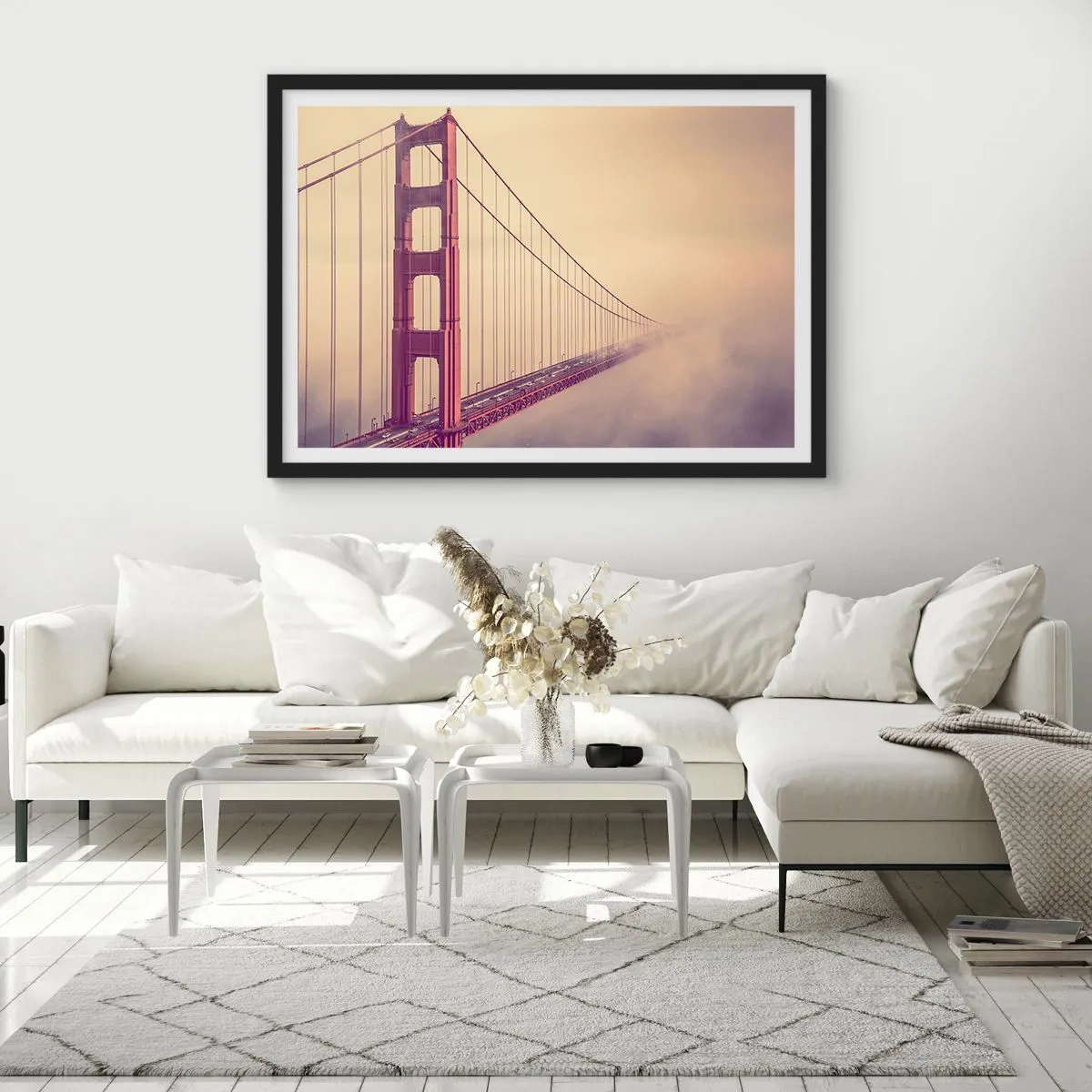 Póster en marco negro - Un puente en la niebla en tonos pastel, símbolo de elegancia y paz. - 70x50cm - Entre el cielo y la tierra - Decoración de pared moderna para salón y dormitorio ARTTOR