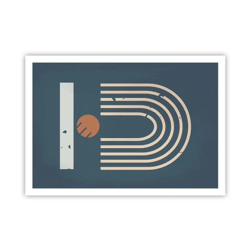 Póster - Patrón geométrico en tonos azul marino, beige y naranja sobre un fondo oscuro. - 100x70cm - Geometría sobre azul marino - Decoración de pared moderna para salón y dormitorio ARTTOR