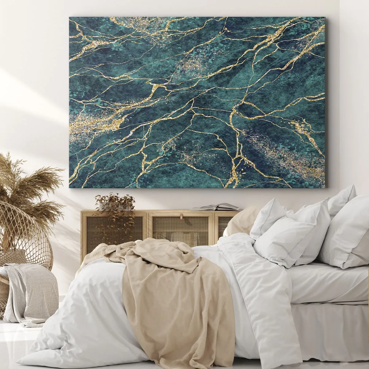 Cuadro sobre lienzo - Impresión de Imagen - Patrón de mármol texturizado en tonos turquesa y dorado. - 70x50cm - Riachuelos de oro - Decoración de pared moderna para salón y dormitorio ARTTOR