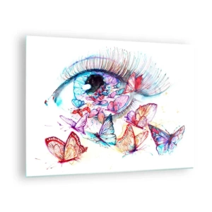 Cuadro sobre vidrio - Impresiones sobre Vidrio - El ojo de una mujer rodeado de coloridas mariposas de acuarela. - 70x50cm - El encanto de los ojos de cuento de hadas - Decoración de pared moderna para salón y dormitorio ARTTOR