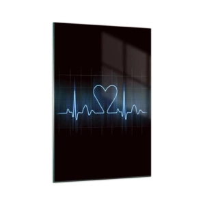 Cuadro sobre vidrio - Impresiones sobre Vidrio - Una línea salvavidas con un corazón sobre un fondo de monitoreo médico en tonos azules. - 70x100cm - El ritmo del corazón - Decoración de pared moderna para salón y dormitorio ARTTOR