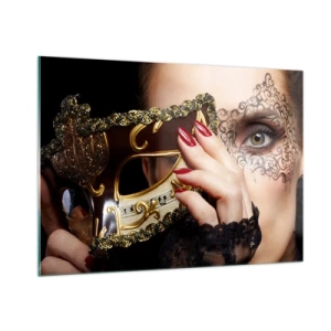 Cuadro sobre vidrio - Impresiones sobre Vidrio - Una máscara veneciana dorada en el rostro de una mujer. - 100x70cm - Mi mundo es barroco - Decoración de pared moderna para salón y dormitorio ARTTOR