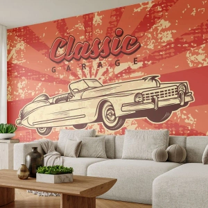 Fotomural Standard Eco - Póster retro con un coche clásico y las palabras Classic Garage - 100x70cm - Y Elvis en la radio - Decoración de pared moderna para salón y dormitorio ARTTOR
