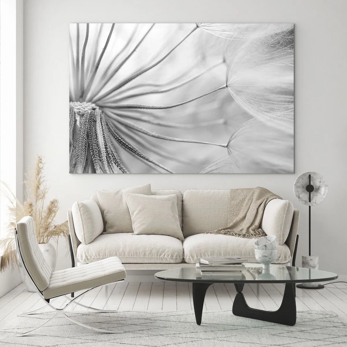 Cuadro sobre vidrio - Impresiones sobre Vidrio - Fotografía macro de un diente de león en tonos blanco y negro. - 120x80cm - Caricias del viento - Decoración de pared moderna para salón y dormitorio ARTTOR