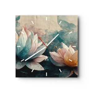 Reloj de pared - Reloj de vidrio - Nenúfares sutiles en tonos pastel de azul y dorado. - 30x30cm - Estrellas de lago - Decoración de pared moderna para salón y dormitorio ARTTOR