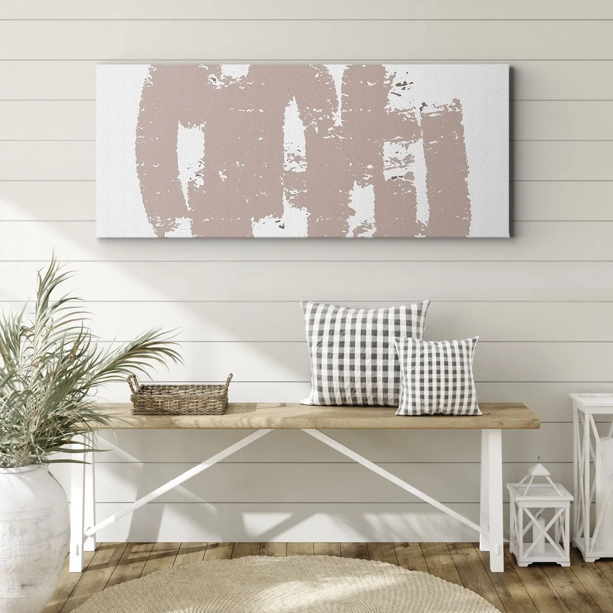 Cuadro sobre lienzo - Impresión de Imagen - Formas suaves de color rosa sobre un fondo claro - 140x50cm - Abstracción en rosa suave - Decoración de pared moderna para salón y dormitorio ARTTOR