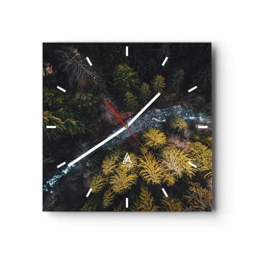 Reloj de pared - Reloj de vidrio - Una vista desde arriba de un bosque con un río sinuoso. - 30x30cm - Rápido, cada vez más rápido - Decoración de pared moderna para salón y dormitorio ARTTOR