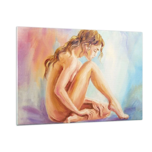 Cuadro sobre vidrio - Impresiones sobre Vidrio - Una mujer en un sutil reflejo sobre un fondo de colores pastel. - 120x80cm - Acto de juventud - Decoración de pared moderna para salón y dormitorio ARTTOR