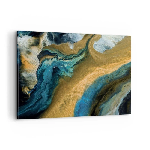 Cuadro sobre lienzo - Impresión de Imagen - Ondas abstractas en tonos dorados y azules. - 100x70cm - Azul - amarillo - influencia mutua - Decoración de pared moderna para salón y dormitorio ARTTOR