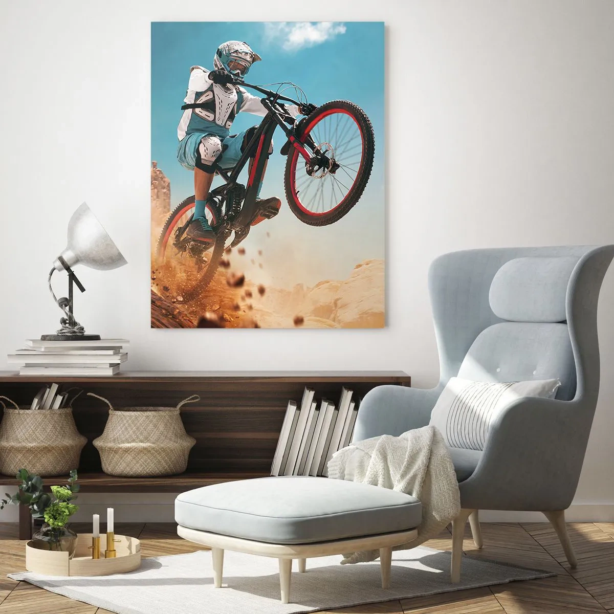 Cuadro sobre vidrio - Impresiones sobre Vidrio - Un ciclista de montaña realiza un salto con un telón de fondo de rocas. - 80x120cm - Locura sobre dos ruedas - Decoración de pared moderna para salón y dormitorio ARTTOR