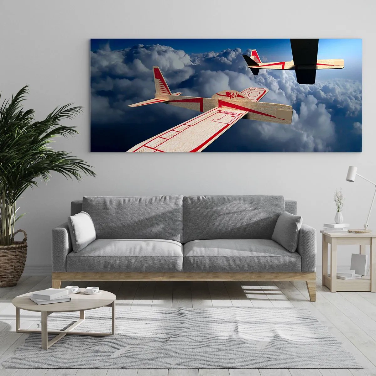 Cuadro sobre vidrio - Impresiones sobre Vidrio - Dos aviones de madera volando sobre las nubes contra un cielo azul. - 160x50cm - Más alto, más lejos - Decoración de pared moderna para salón y dormitorio ARTTOR