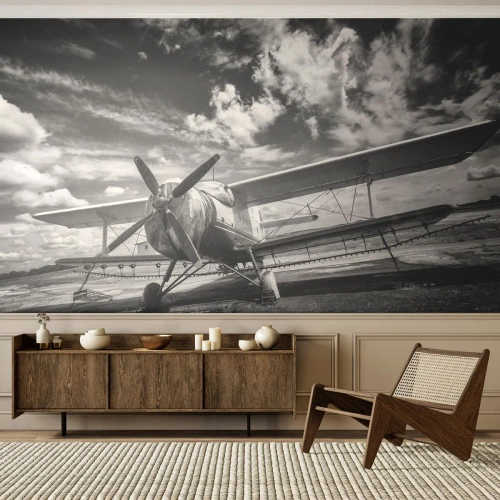 Fotomural Premium Canvas - No puedo esperar - Avión, Aeronave, En blanco y negro - 150x105 cm