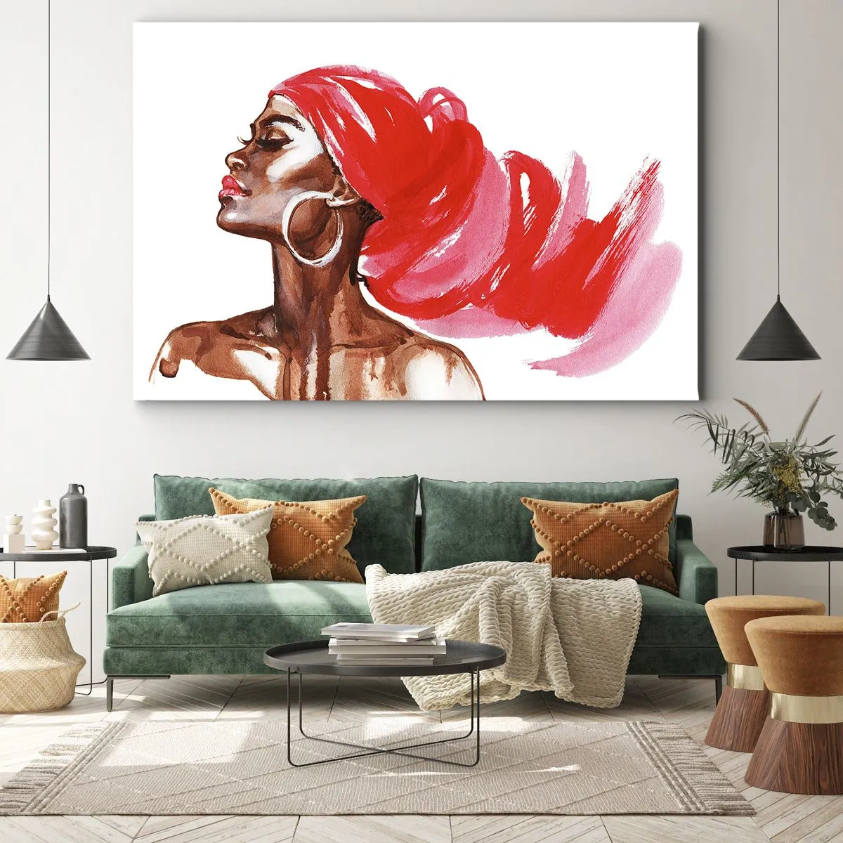 Cuadro sobre lienzo - Impresión de Imagen - Perfil de una mujer con turbante rojo y pendientes - 70x50cm - Aroma que te hace sentir - Decoración de pared moderna para salón y dormitorio ARTTOR
