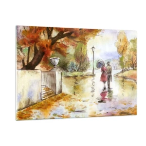 Cuadro sobre vidrio - Impresiones sobre Vidrio - Un paseo otoñal de una pareja por un parque con hojas de colores. - 120x80cm - Un otoño romántico en el parque - Decoración de pared moderna para salón y dormitorio ARTTOR