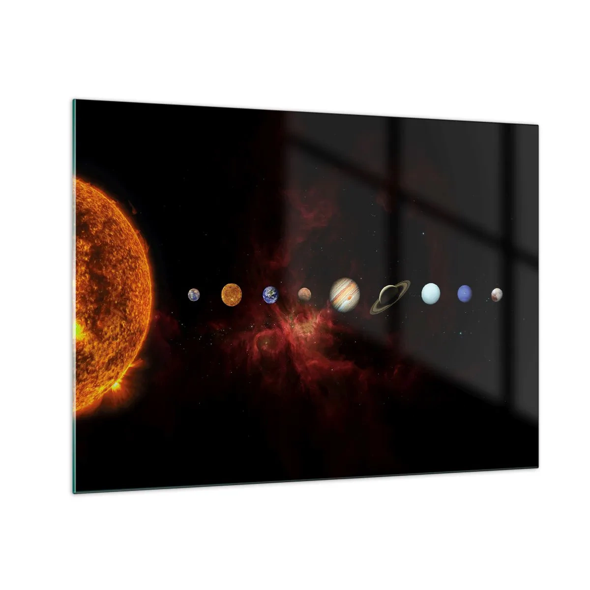 Cuadro sobre vidrio - Impresiones sobre Vidrio - Sistema planetario con el Sol sobre fondo negro. - 70x50cm - Nuestro barrio - Decoración de pared moderna para salón y dormitorio ARTTOR