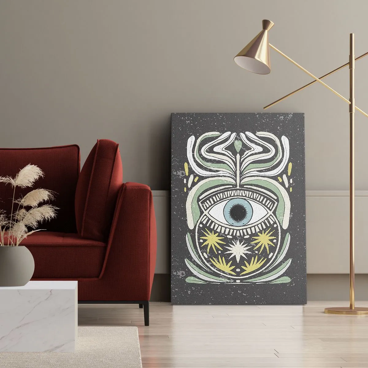 Cuadro sobre lienzo - Impresión de Imagen - Un ojo simbólico rodeado de patrones abstractos. - 50x70cm - Rituales tribales - Decoración de pared moderna para salón y dormitorio ARTTOR