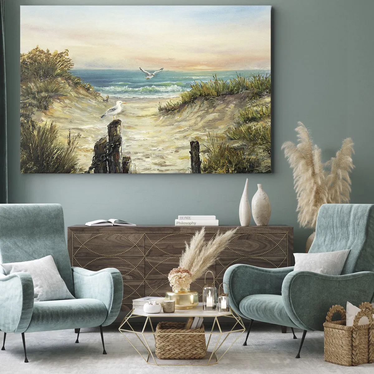 Cuadro sobre lienzo - Impresión de Imagen - Costa con gaviotas y dunas al atardecer - 120x80cm - Un retiro ventoso - Decoración de pared moderna para salón y dormitorio ARTTOR