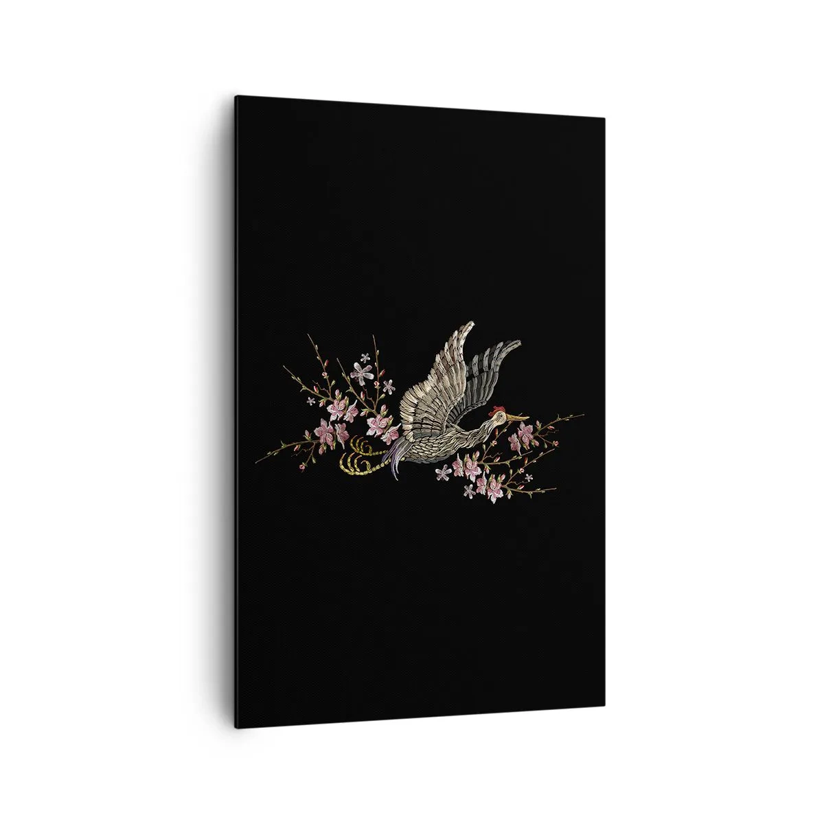 Cuadro sobre lienzo - Impresión de Imagen - Un pájaro en vuelo con flores sobre un fondo negro. - 80x120cm - Ave florida - Decoración de pared moderna para salón y dormitorio ARTTOR