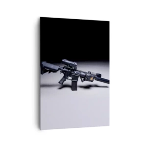 Cuadro sobre lienzo - Impresión de Imagen - Un rifle moderno en negro sobre un fondo oscuro. - 70x100cm - Un caballero oscuro - Decoración de pared moderna para salón y dormitorio ARTTOR