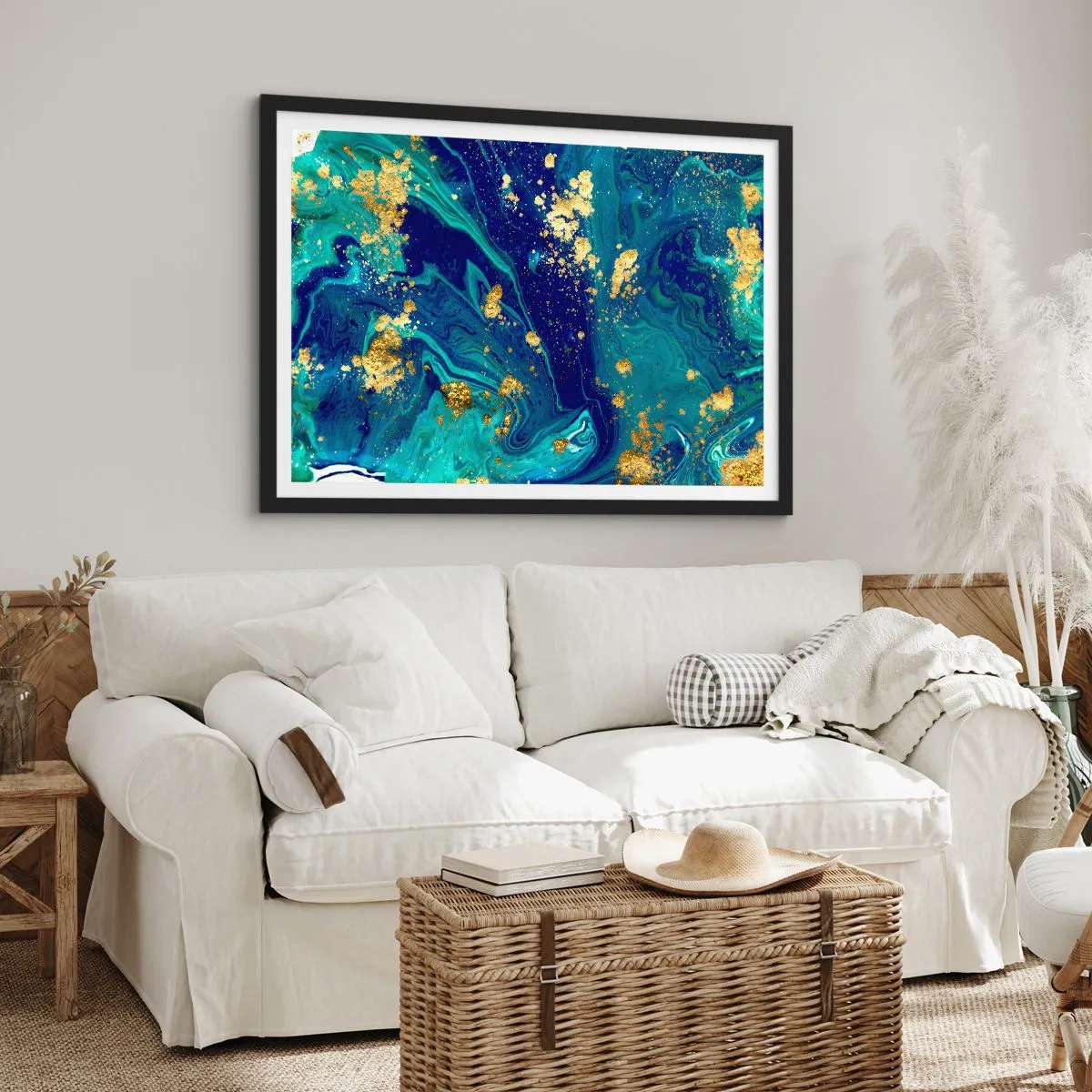 Póster en marco negro - Una composición abstracta con acentos azules, verdes y dorados. - 100x70cm - Pétalos de sol  - Decoración de pared moderna para salón y dormitorio ARTTOR