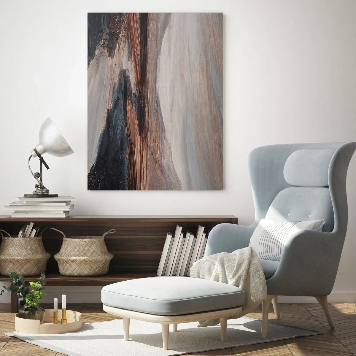 Cuadro sobre vidrio - Impresiones sobre Vidrio - Un valle pintoresco con un río en tonos marrones y azules. - 50x70cm - Valle apacible - Decoración de pared moderna para salón y dormitorio ARTTOR