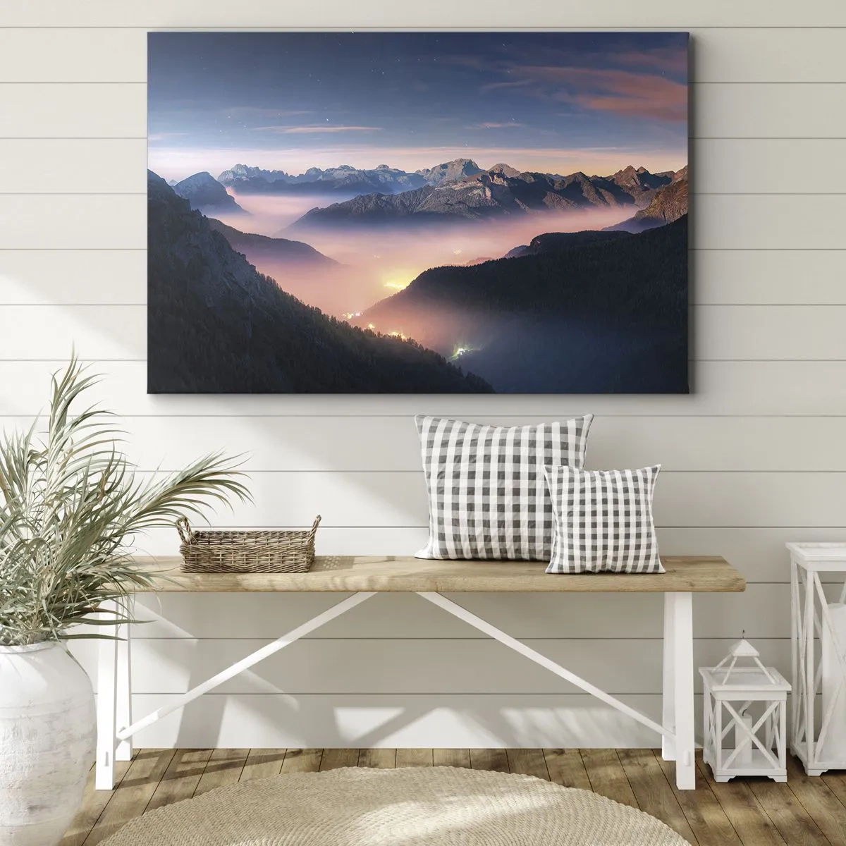 Cuadro sobre lienzo - Impresión de Imagen - Un paisaje de montaña con un valle lleno de niebla. - 120x80cm - Luz en los valles - Decoración de pared moderna para salón y dormitorio ARTTOR
