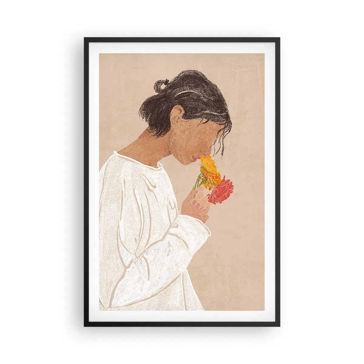 Póster en marco negro - Joven con flores - 61x91 cm