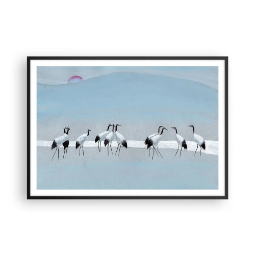 Póster en marco negro - Un grupo de grullas contra un cielo azul y el sol naciente. - 100x70cm - Después de un día caluroso - Decoración de pared moderna para salón y dormitorio ARTTOR