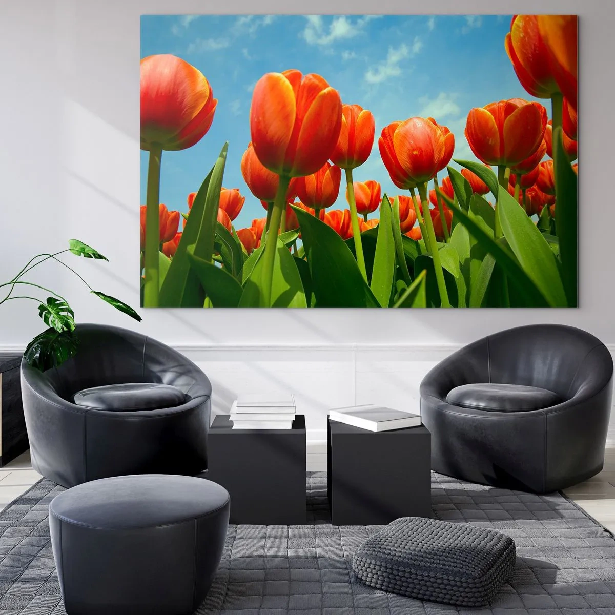 Cuadro sobre vidrio - Impresiones sobre Vidrio - Un campo de tulipanes rojos bajo un cielo azul. - 70x50cm - Excepto el cielo azul no necesitan nada en la vida - Decoración de pared moderna para salón y dormitorio ARTTOR