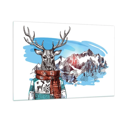 Cuadro sobre vidrio - Impresiones sobre Vidrio - Un ciervo con suéter y bufanda frente a un paisaje montañoso. - 120x80cm - Ni el ciervo pasa frío - Decoración de pared moderna para salón y dormitorio ARTTOR