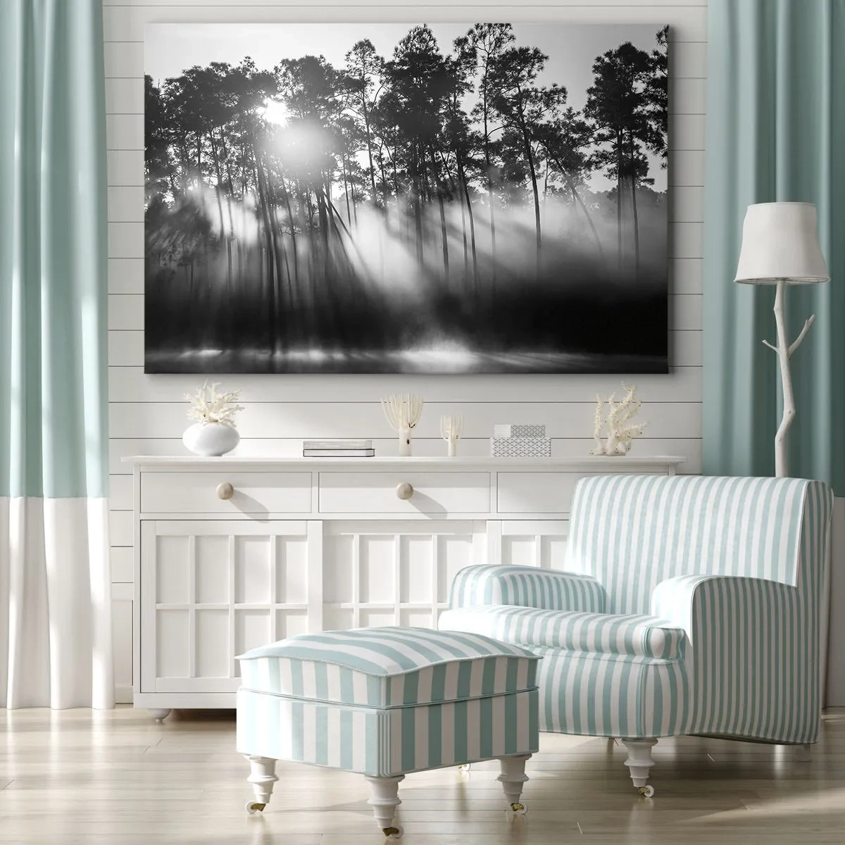Cuadro sobre lienzo - Impresión de Imagen - Bosque blanco y negro en la niebla de la mañana. - 120x80cm - Sol imparable - Decoración de pared moderna para salón y dormitorio ARTTOR