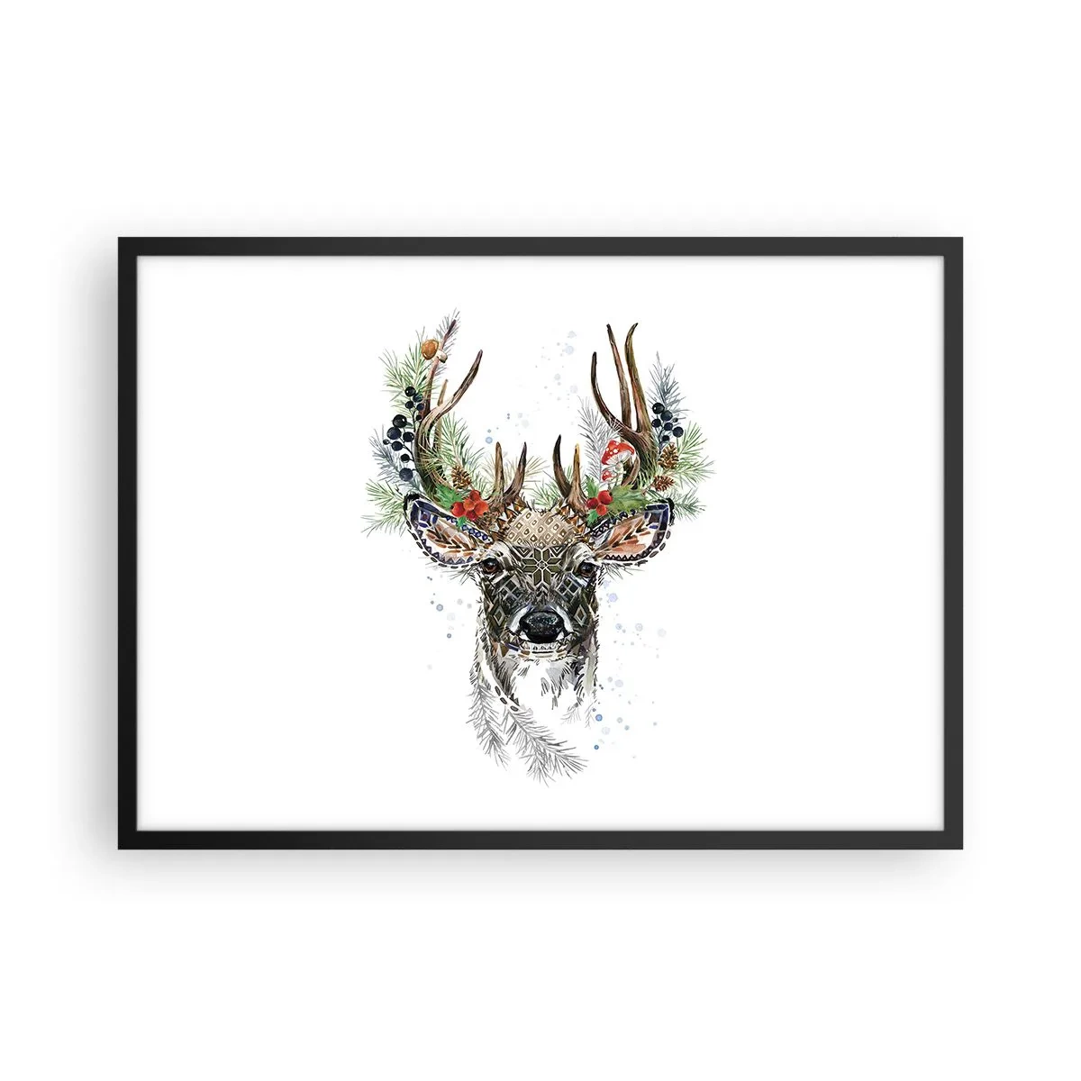 Póster en marco negro - Ciervo estilizado con astas decorativas sobre un fondo blanco. - 70x50cm - Con vestimenta festiva - Decoración de pared moderna para salón y dormitorio ARTTOR