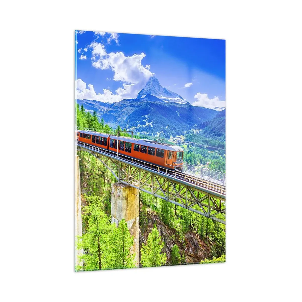 Cuadro sobre vidrio - Impresiones sobre Vidrio - Tren alpino sobre un puente con vistas a una cascada - 50x70cm - Ferrocarril a los Alpes - Decoración de pared moderna para salón y dormitorio ARTTOR