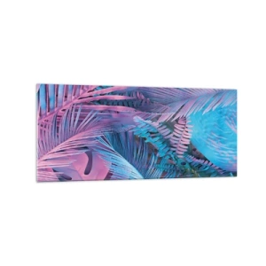 Cuadro sobre vidrio - Impresiones sobre Vidrio - Hojas tropicales en tonos rosa y azul. - 120x50cm - Trópicos en rosa y azul - Decoración de pared moderna para salón y dormitorio ARTTOR