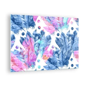 Cuadro sobre vidrio - Impresiones sobre Vidrio - Plumas de colores en tonos rosa y azul sobre un fondo blanco. - 70x50cm - Plumas de color rosa y azul - Decoración de pared moderna para salón y dormitorio ARTTOR
