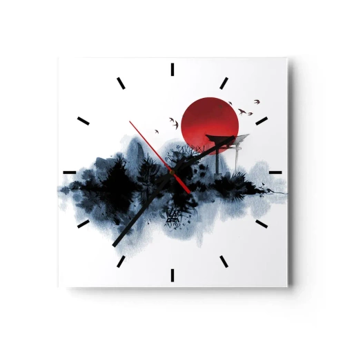 Reloj de pared - Reloj de vidrio - Sol rojo sobre un paisaje pintoresco con torii - 30x30cm - Visión japonesa - Decoración de pared moderna para salón y dormitorio ARTTOR