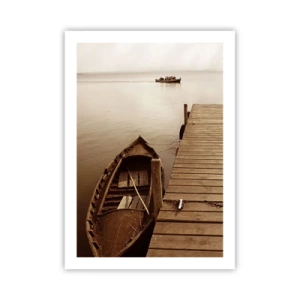 Póster - Un barco en un muelle de madera en sepia. - 50x70cm - La auténtica paz - Decoración de pared moderna para salón y dormitorio ARTTOR
