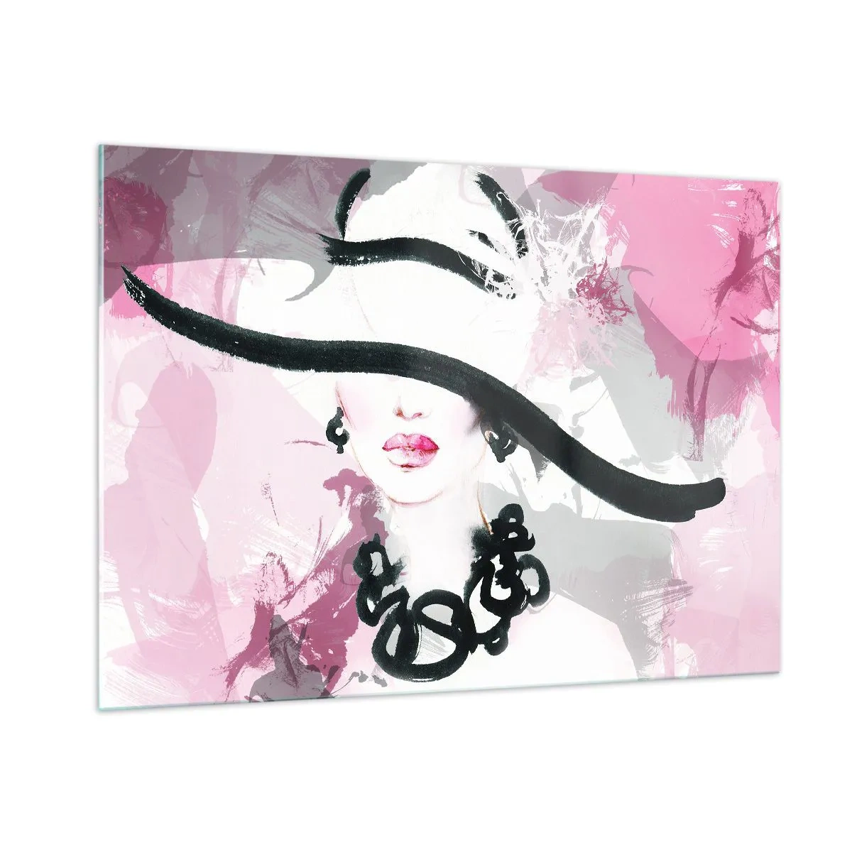 Cuadro sobre vidrio - Impresiones sobre Vidrio - Retrato de una mujer con un sombrero negro sobre un fondo rosa. - 100x70cm - Retrato de una dama en negro y rosa - Decoración de pared moderna para salón y dormitorio ARTTOR
