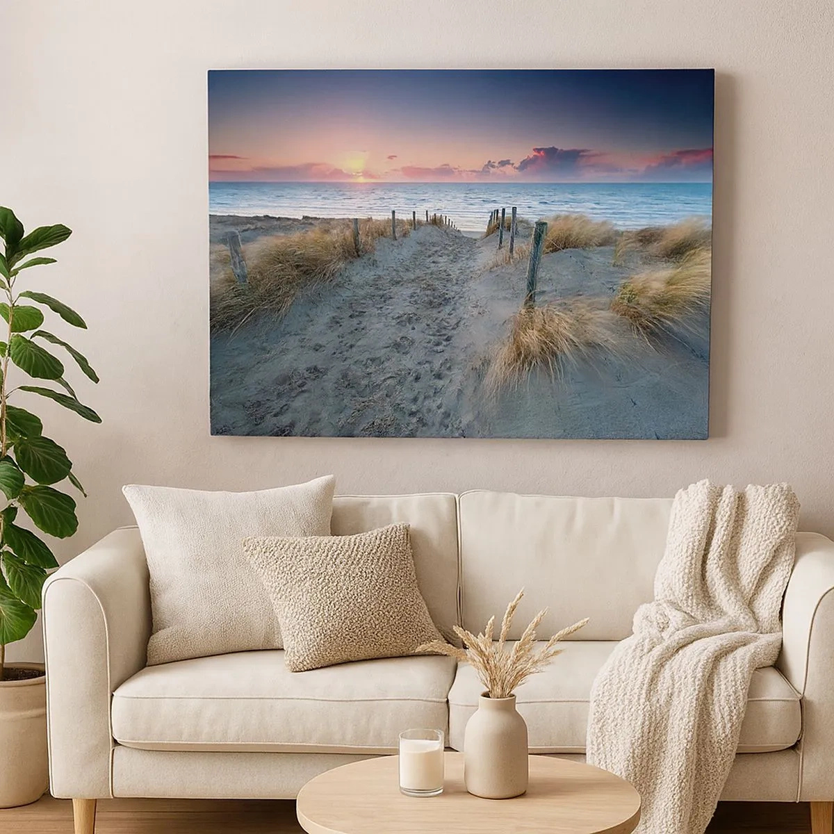 Cuadro sobre lienzo - Impresión de Imagen - Camino que conduce a la playa al atardecer - 70x50cm - Se derramó un arco iris de luminosidad.... - Decoración de pared moderna para salón y dormitorio ARTTOR
